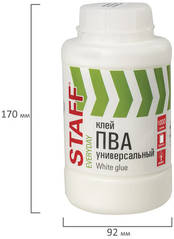Клей ПВА универсальный 1 кг (бумага, картон, дерево), STAFF, 606431