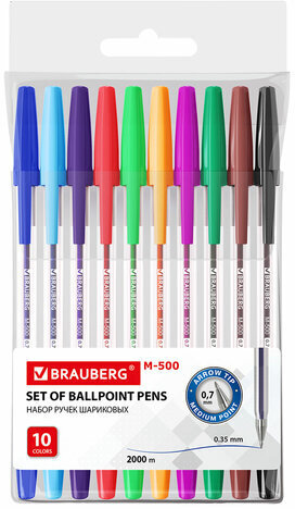 Ручки шариковые BRAUBERG &quot;M-500&quot;, НАБОР 10 цветов, АССОРТИ, узел 0,7 мм, линия письма 0,35 мм, 143455