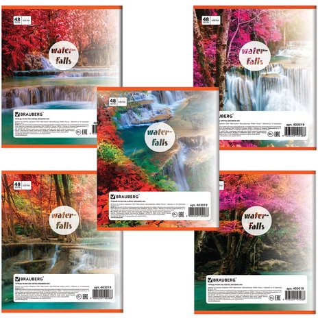 Тетрадь А5, 48 л., BRAUBERG, клетка, обложка картон, ВОДОПАДЫ, 403019