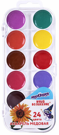 Краски акварельные ЮНЛАНДИЯ "ЮНЫЙ ВОЛШЕБНИК", медовые, 24 цвета, круглые кюветы, пластик, 192359