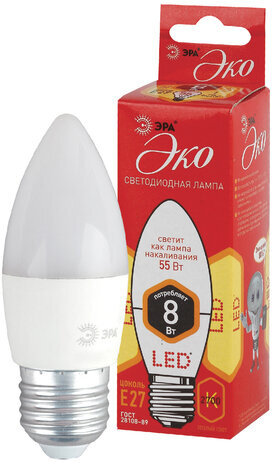 Лампа светодиодная ЭРА, 8(55)Вт, цоколь Е27, свеча, теплый белый, 25000 ч, ECO LED B35-8W-2700-E27, Б0030020