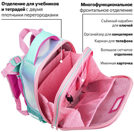 Ранец BRAUBERG SHINY, 2 отделения, с брелком, "Magic unicorn", 38х28х14 см, 270694