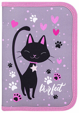 Пенал BRAUBERG, 1 отделение, 2 откидные планки, полиэстер, 21х14 см, "Elegant cat", 271514