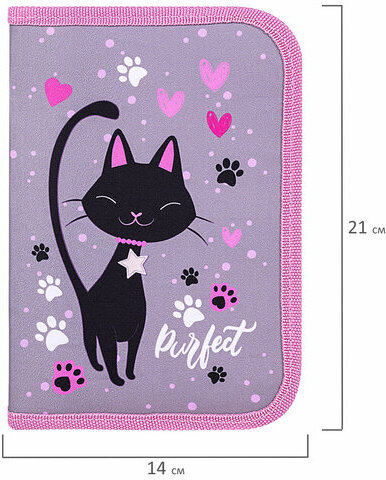 Пенал BRAUBERG, 1 отделение, 2 откидные планки, полиэстер, 21х14 см, "Elegant cat", 271514