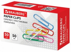 Скрепки большие 50 мм, цветные, 50 шт., в картонной коробке, BRAUBERG, 221533