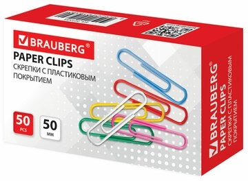 Скрепки большие 50 мм, цветные, 50 шт., в картонной коробке, BRAUBERG, 221533