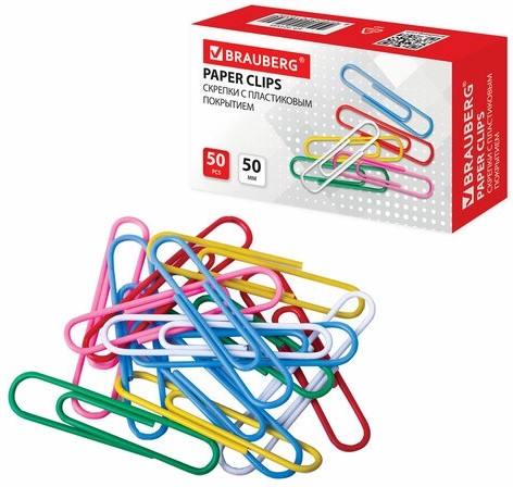 Скрепки большие 50 мм, цветные, 50 шт., в картонной коробке, BRAUBERG, 221533