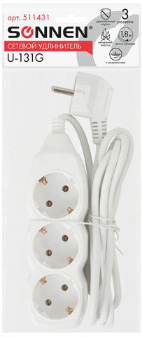 Удлинитель сетевой SONNEN U-131G, 3 розетки, c заземлением, 10 А, 1,8 м, белый, 511431
