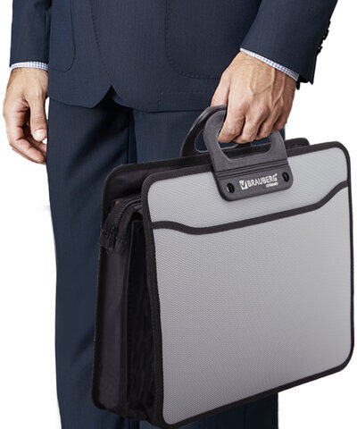 Папка-портфель пластиковая BRAUBERG ПРЕМЬЕР А4 (390х315х120 мм), 3 отделения, фактура "бисер", серая, 223083