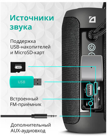 Колонка портативная DEFENDER Enjoy S700, 2.0, 10 Вт, Bluetooth, FM-тюнер, USB, microUSB, micro SD, черная, 65701 
