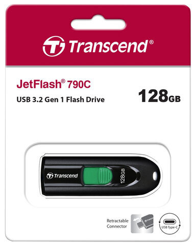 Флеш-диск 128GB TRANSCEND JetFlash 790C, разъем USB Type-С, черный/зеленый, TS128GJF790C