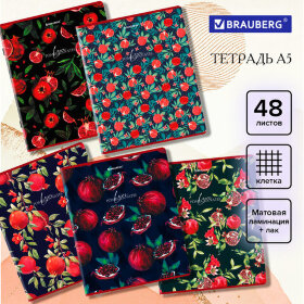 Тетрадь А5, 48 л., BRAUBERG, скоба, клетка, матовая ламинация, выборочный лак, &quot;Гранаты&quot; (микс в спайке), 404376