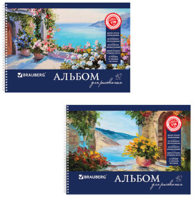 Альбом для рисования, А4, 40 листов, гребень, обложка картон, BRAUBERG, 205х290 мм, "Пейзаж с цветами" (2 вида), 103730