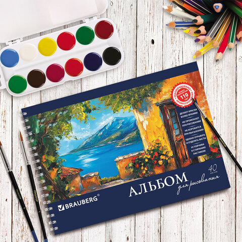 Альбом для рисования, А4, 40 листов, гребень, обложка картон, BRAUBERG, 205х290 мм, "Пейзаж с цветами" (2 вида), 103730