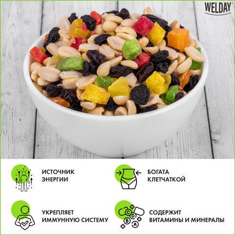 Орехи и сухофрукты "Смесь студенческая", арахис, цукаты, папайя, изюм, WELDAY, 1000 г, 622482