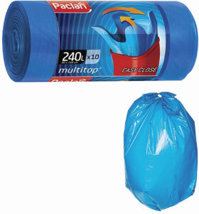 Мешки для мусора 240 л, с ушками, синие, рулон 10 шт., ПВД, 40 мкм, 90х145 см, PACLAN &quot;Multitop&quot;, 134451