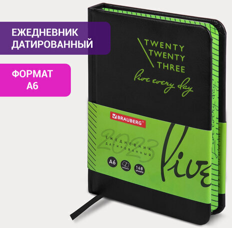 Ежедневник датированный 2023 МАЛЫЙ ФОРМАТ 100х150 мм А6, BRAUBERG "Chameleon", под кожу, черный/зеленый, 113935