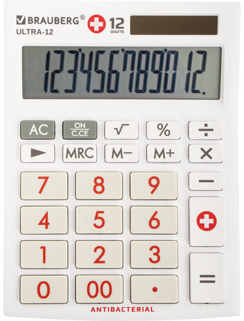 Калькулятор настольный BRAUBERG ULTRA-12-WAB (192x143 мм), 12 разрядов, двойное питание, антибактериальное покрытие, БЕЛЫЙ, 250506
