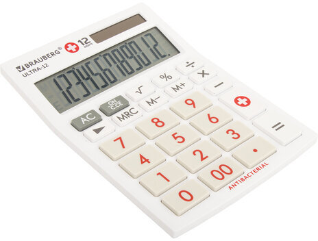 Калькулятор настольный BRAUBERG ULTRA-12-WAB (192x143 мм), 12 разрядов, двойное питание, антибактериальное покрытие, БЕЛЫЙ, 250506