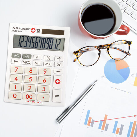 Калькулятор настольный BRAUBERG ULTRA-12-WAB (192x143 мм), 12 разрядов, двойное питание, антибактериальное покрытие, БЕЛЫЙ, 250506