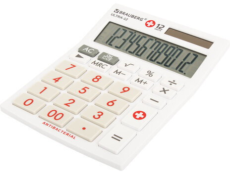 Калькулятор настольный BRAUBERG ULTRA-12-WAB (192x143 мм), 12 разрядов, двойное питание, антибактериальное покрытие, БЕЛЫЙ, 250506