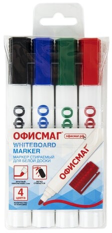 Маркеры стираемые для белой доски НАБОР 4 ЦВЕТА, ОФИСМАГ, круглый наконечник, 3 мм, 152222
