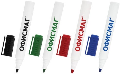 Маркеры стираемые для белой доски НАБОР 4 ЦВЕТА, ОФИСМАГ, круглый наконечник, 3 мм, 152222