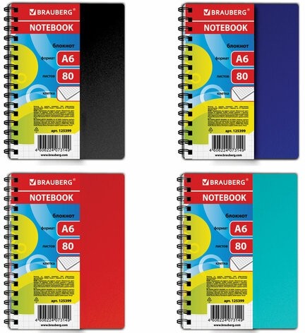 Блокнот МАЛЫЙ ФОРМАТ (105х145 мм) А6, 80 л., гребень сбоку, пластиковая обложка, клетка, BRAUBERG, "Офисный", 125399