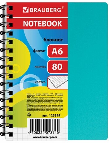 Блокнот МАЛЫЙ ФОРМАТ (105х145 мм) А6, 80 л., гребень сбоку, пластиковая обложка, клетка, BRAUBERG, "Офисный", 125399