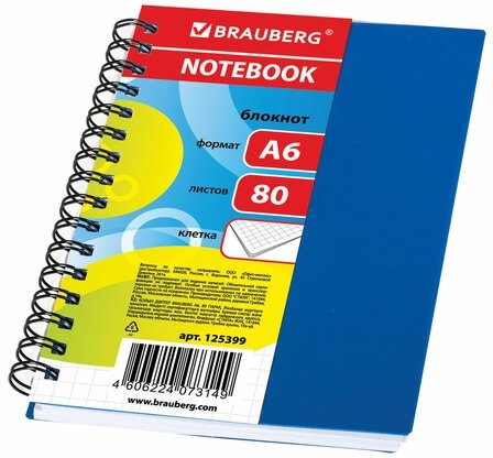 Блокнот МАЛЫЙ ФОРМАТ (105х145 мм) А6, 80 л., гребень сбоку, пластиковая обложка, клетка, BRAUBERG, "Офисный", 125399