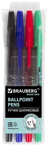 Ручки шариковые BRAUBERG, НАБОР 4 шт., АССОРТИ, &quot;Black Jack&quot;, узел 0,7 мм, линия письма 0,35 мм, 141290