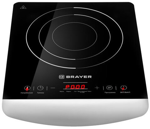 Настольная индукционная плита BRAYER BR2801, 2000 Вт, 5 программ, сенсорное управление, черная