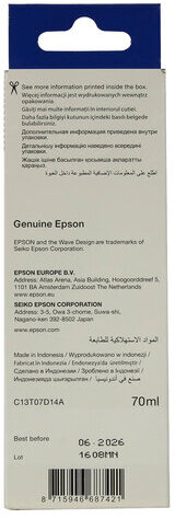 Чернила EPSON 115 (C13T07D14A) для СНПЧ L8160/L8180, черные фото, объем 70 мл, ОРИГИНАЛЬНЫЕ,  C13T07D14A