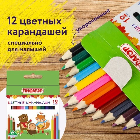 Карандаши цветные ПИФАГОР "МАЛЫШИ-КАРАНДАШИ", 12 цветов, укороченные, заточенные, 181344