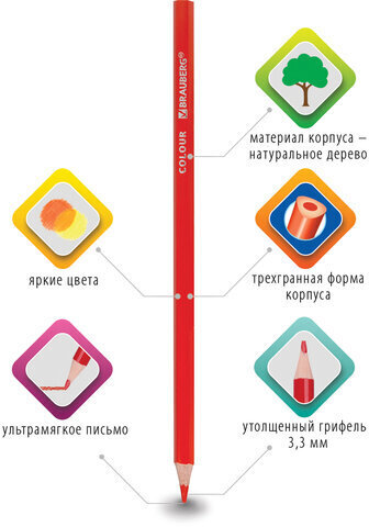 Карандаши цветные BRAUBERG PREMIUM, 6 цветов, трехгранные, грифель мягкий 3,3 мм, 181650