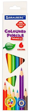 Карандаши цветные BRAUBERG PREMIUM, 6 цветов, трехгранные, грифель мягкий 3,3 мм, 181650