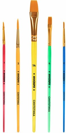 Кисти СИНТЕТИКА набор 5 шт. (круглая 3, плоская 2, 6, 14, овальная 1), блистер, ЮНЛАНДИЯ, 201069