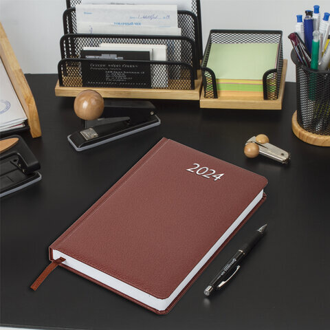 Ежедневник датированный 2024 А5 138x213 мм BRAUBERG "Profile", балакрон, коричневый, 114865