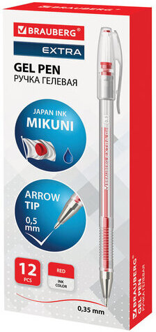 Ручка гелевая BRAUBERG "EXTRA", КРАСНАЯ, корпус прозрачный, узел 0,5 мм, линия 0,35 мм, 143903