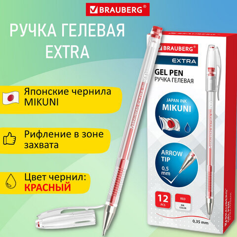 Ручка гелевая BRAUBERG "EXTRA", КРАСНАЯ, корпус прозрачный, узел 0,5 мм, линия 0,35 мм, 143903