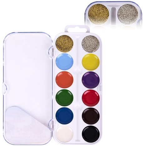 Краски акварельные ЮНЛАНДИЯ "ЮНЫЙ ВОЛШЕБНИК", медовые, 10+2 цвета (золото+серебро), круглые кюветы, пластик, 192360