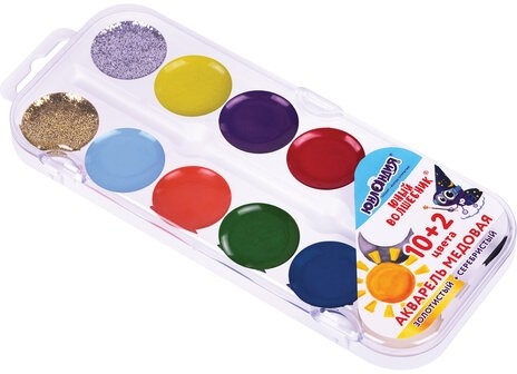 Краски акварельные ЮНЛАНДИЯ "ЮНЫЙ ВОЛШЕБНИК", медовые, 10+2 цвета (золото+серебро), круглые кюветы, пластик, 192360