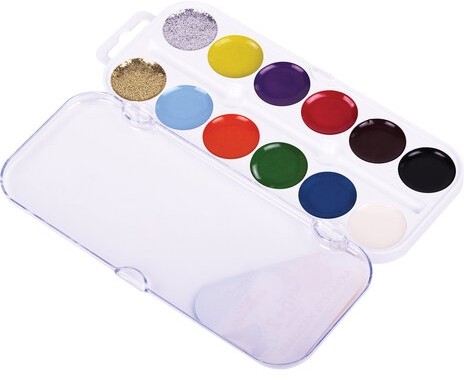 Краски акварельные ЮНЛАНДИЯ "ЮНЫЙ ВОЛШЕБНИК", медовые, 10+2 цвета (золото+серебро), круглые кюветы, пластик, 192360