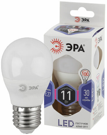 Лампа светодиодная ЭРА STD, 11 (100) Вт, цоколь E27, шар, холодный белый свет, 35000 ч., LED P45-11W-860-E27, Б0032991