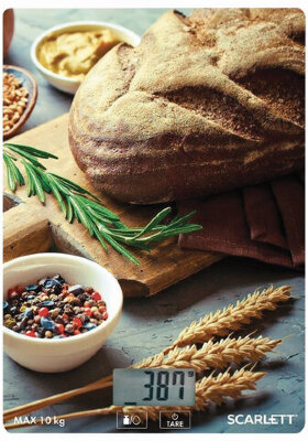 Весы кухонные SCARLETT SC-KS57P65 &quot;Хлеб&quot;, электронный дисплей, max вес 10 кг, тарокомпенсация, стекло