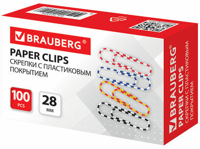 Скрепки BRAUBERG, 28 мм с цветными полосками, 100 шт., в картонной коробке, 221534