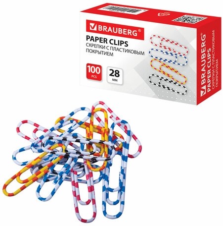 Скрепки BRAUBERG, 28 мм с цветными полосками, 100 шт., в картонной коробке, 221534