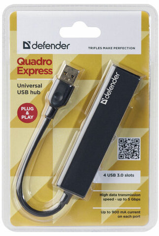 Хаб DEFENDER Quadro Express, USB 3.0, 4 порта, черный, 83204