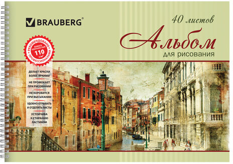 Альбом для рисования, А4, 40 листов, гребень, обложка картон, BRAUBERG, 205х290 мм, "Город мечты" (2 вида), 103731