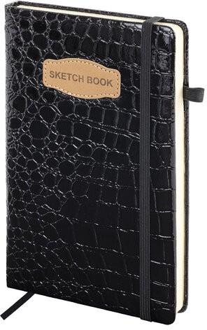 Скетчбук, слоновая кость 140 г/м2, 130х210 мм, 80 л., КОЖЗАМ, резинка, BRAUBERG ART CLASSIC, CROCO, черный, 116470